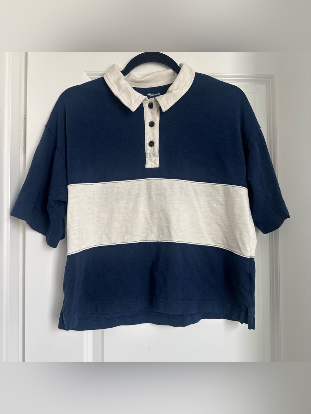 Madewell Navy Blue Striped Short Sleeve Rugby Shirt Women’s Size Medium